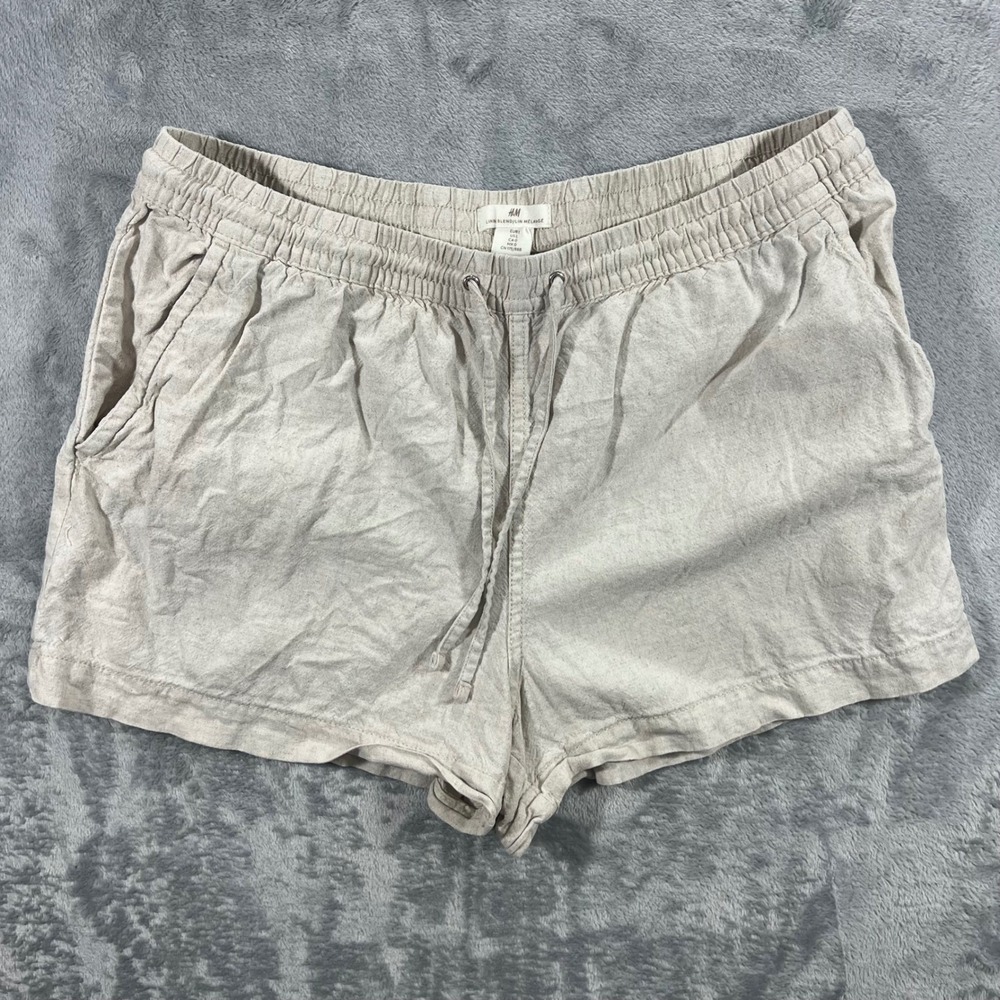 H&M Linen Blend Shorts Womens L Oatmeal Drawstring Elastic Waist Summer Boho